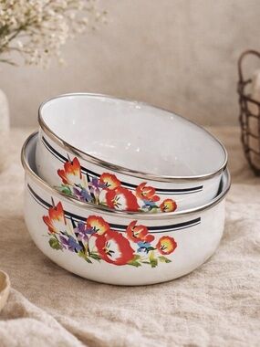 Vintage GMI Enamelware Nesting Bowls Set of 2 Floral MCM Retro Tin Mixing Bowls